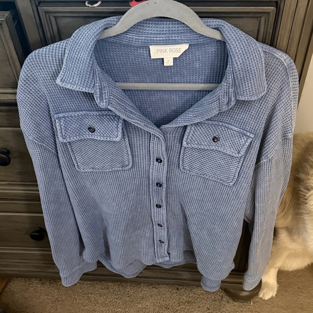 Pink Rose Textured Blue Shirt
